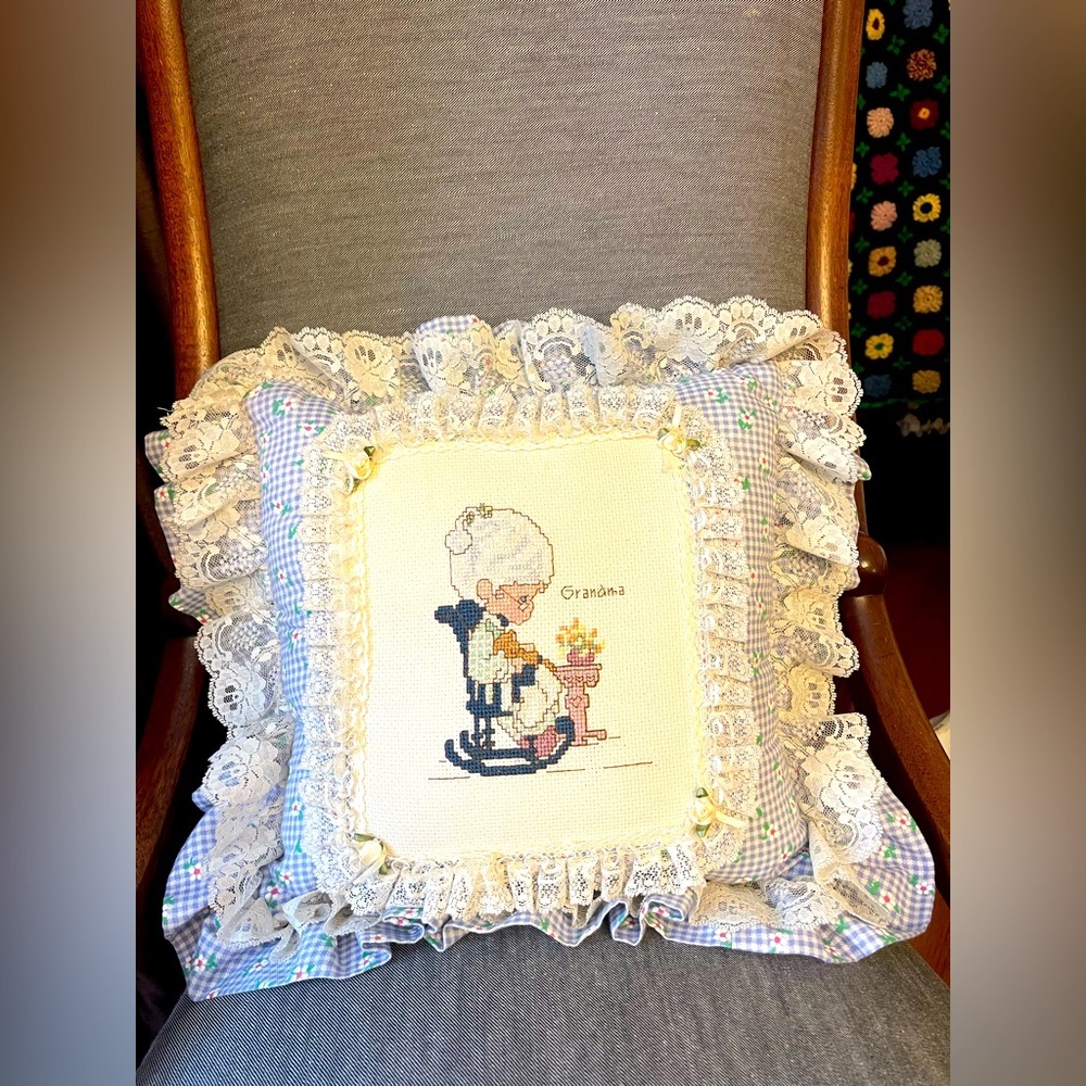 Vintage handmade cross stitched granny pillow